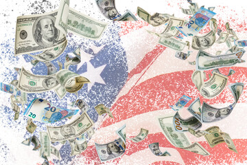 dollar against america flag background, economy, finance, USA, money.