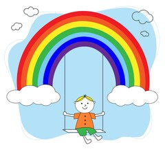 A boy on a swing on a rainbow. Hand-drawn cartoon illustration. Children's Day.