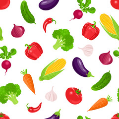 Cartoon vegetables seamless pattern. Vector flat illustration. Fresh organic food background.