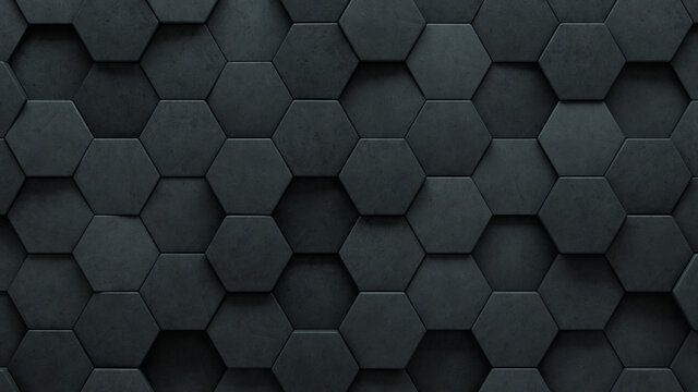 Polished, Semigloss Mosaic Tiles arranged in the shape of a wall. 3D, Hexagonal, Bricks stacked to create a Concrete block background. 3D Render