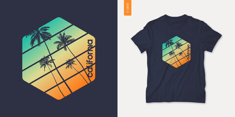 California graphic t-shirt design with palm tress, summer retro print, vector illustration - obrazy, fototapety, plakaty