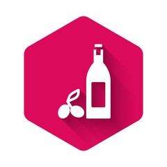 White Bottle of olive oil icon isolated with long shadow. Jug with olive oil icon. Pink hexagon button. Vector