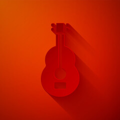 Paper cut Spanish guitar icon isolated on red background. Acoustic guitar. String musical instrument. Paper art style. Vector