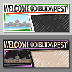 Vector layouts for Budapest with copy space, decorative voucher with line illustration of budapest city scape on day and dusk sky background, art design tourist coupon with words welcome to budapest.