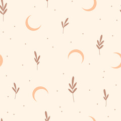 Seamless pattern with moon. Bohemian art. Hand drawn botany illustration in pastel colors.
