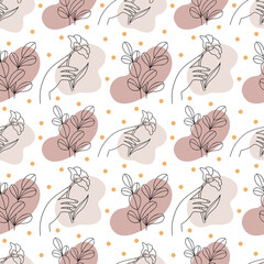 Abstract linear illustration pattern. Flowers in female hands.Simple Hand drew illustration.