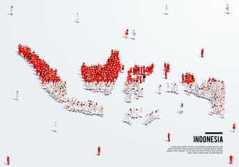 Indonesia Map and Flag. A large group of people in the Indonesian flag color form to create the map. Vector Illustration.