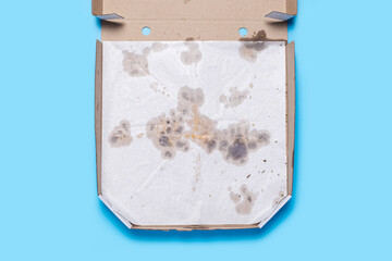 empty open pizza packaging on blue background. Top view, flat lay