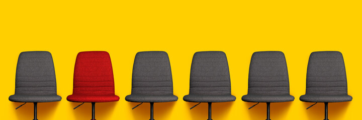 many gray office chairs and one red chair on a yellow background. Banner