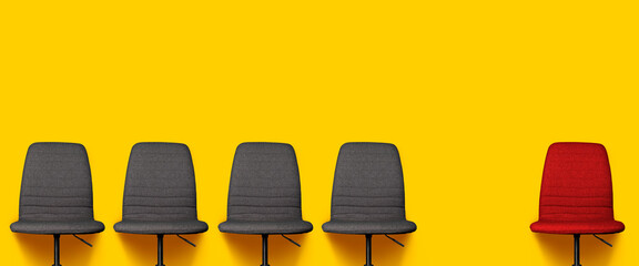 four gray office chairs and one red chair on a yellow background. Banner