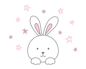 Cute rabbit face and pink small stars on a white background. White bunny, hare. Vector illustration, design template for poster, greeting card, banner, printing on kids t-shirt, apparel, nursery decor