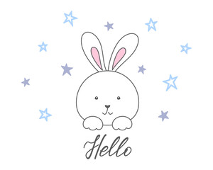 Obraz na płótnie Canvas Cute rabbit face, Hello hand lettering and blue small stars isolated on a white background. White bunny, tiny hare. Vector illustration, design template for poster, greeting card, banner, cover, print