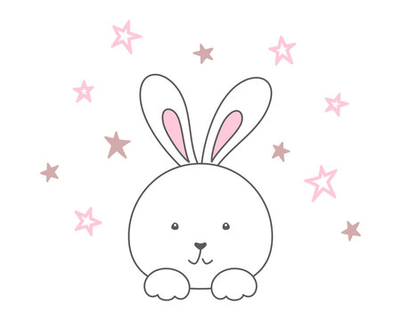 Cute rabbit face and pink small stars on a white background. White bunny, hare. Vector illustration, design template for poster, greeting card, banner, printing on kids t-shirt, apparel, nursery decor