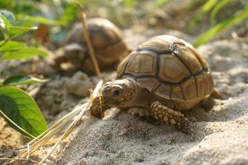 Close up African spurred tortoise resting in the Natural , Slow life ,Africa spurred tortoise sunbathe on ground with his protective shell ,Beautiful Tortoise