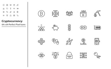 set of cryptocurrency thin line icons, blockchain, digital mpney, fintech