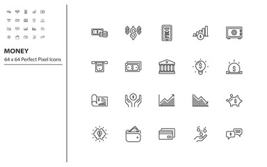 set of money thin line icons 64x64 px, online payment, digital money, finance