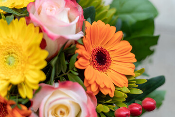 Greetings, anniversary or Mother’s Day concept: Close up of colorful fresh spring flower bouquet with gerbera and pink roses