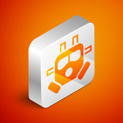 Isometric Gas mask icon isolated on orange background. Respirator sign. Silver square button. Vector