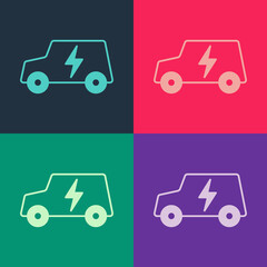 Pop art Electric car and electrical cable plug charging icon isolated on color background. Renewable eco technologies. Vector