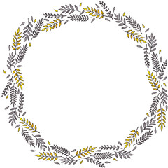 Wreath from a set of watercolor illustrations of yellow and gray rowan leaves isolated on a white background