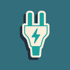 Obraz premium Green Electric plug icon isolated on green background. Concept of connection and disconnection of the electricity. Long shadow style. Vector