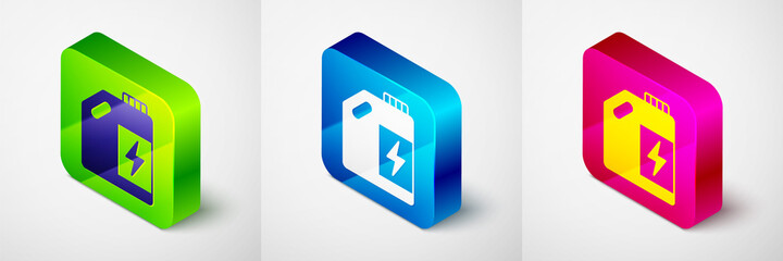 Isometric Eco fuel canister icon isolated on grey background. Eco bio and barrel. Green environment and recycle. Square button. Vector