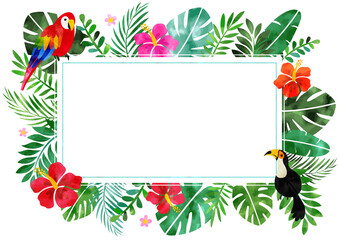 Naklejka premium 水彩 ハイビスカスとトロピカルな夏の背景フレーム