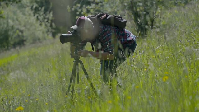 Photographer shooting nature style pictures in country field