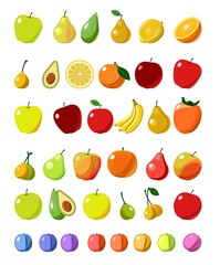 The most popular fruits are fruit trees in the tropics and temperate climates. Set. Cartoon flat style. Apples, pears, plums, bananas, oranges, lemons, persimmons, avocados. Vector