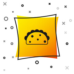 Black Taco with tortilla icon isolated on white background. Traditional mexican fast food menu. Yellow square button. Vector