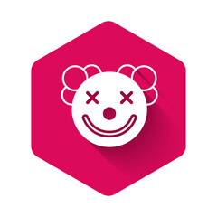 White Clown head icon isolated with long shadow background. Pink hexagon button. Vector