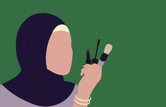 Arabic Woman In Hijab Put Makeup, Holdind Mascara, Lipstick And Brush  Muslim Girl Wearing Abaya From UAE Or Saudi Arabia Vector Illustration 