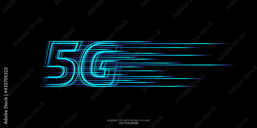 Poster Vector 5G hight speed network technology concept by blue light lines speed motion pattern isolated on black background for banner, logo, symbol.