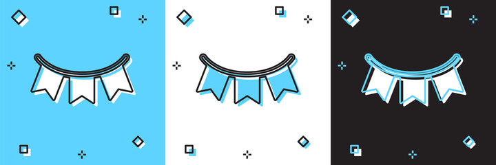 Set Carnival garland with flags icon isolated on blue and white, black background. Party pennants for birthday celebration, festival decoration. Vector