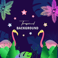 tropical background, a vector banner design with flamingos and tropical leaves