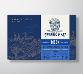 Premium Quality Bison Mock Up. Organic Vector Meat Packaging Label Design on a Cardboard Box Container. Modern Typography and Hand Drawn Buffalo Face and Rural Landscape Sketch Background Layout