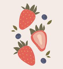 Abstract strawberry and blueberry fruit vector, summer fruit illustration, boho strawberry poster vector