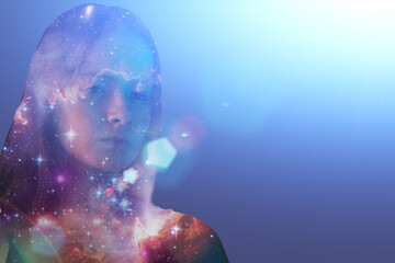 woman with the cosmos as a brain, ai, psychology, genius, science, mental health concept,Element of the image provided by NASA