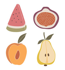 Abstract fruit set illustration, boho watermelon, fig, peach and pear fruit vector, summer tropical fruits collection 