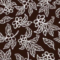 COFFEE TABLECLOTH Branches Of Coffee Tree With Berries And Leaves In Brown Monochrome Design Hand Drawn Sketch Seamless Pattern Vector Illustration For Print