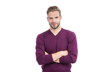 Fototapeta premium Confident guy wear casual fashion pullover keeping arms crossed isolated on white, confidence