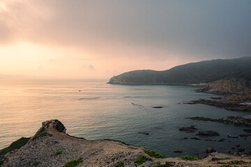 Aerial view of the cliff and mountain coastline at sunrise in Dongshan Island, Fujian, China