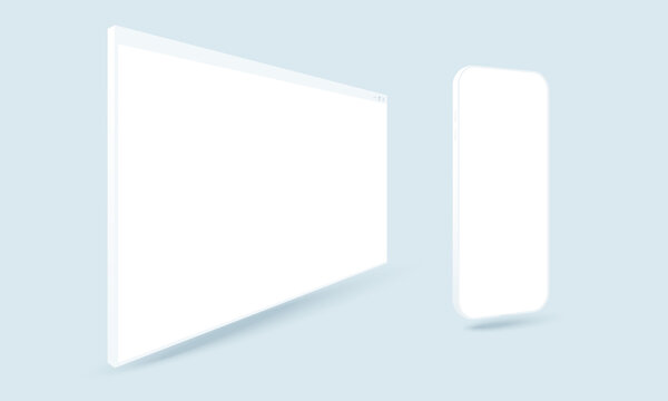 Blank browser window. Desktop computer frame and smartphone vector clay mockup.