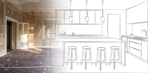 kitchen plan illustration and room berfore renovation concept drawing