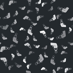 Grey Ray gun icon isolated seamless pattern on black background. Laser weapon. Space blaster. Vector