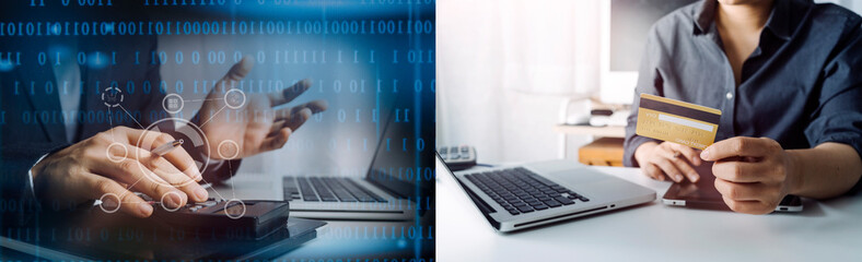 shopping online payment by using laptop.hands holding credit card and using laptop. online shopping...