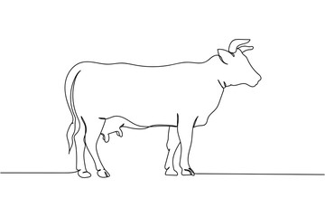 Continuous one line of cow in silhouette. Linear stylized. Minimalist. Farm concept