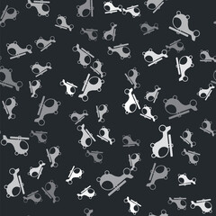 Grey Helicopter aircraft vehicle icon isolated seamless pattern on black background. Vector