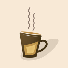 A cup of hot coffee on a light background. Coffee logo. Modern icon. The symbol of invigorating drinks is tea and coffee. Minimalism vector logo for cafes, coffee houses, bars. Illustration for web.