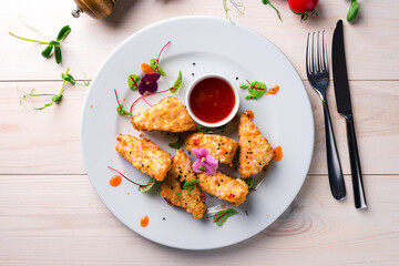 Crispy fried chicken nuggets top view, flat lay